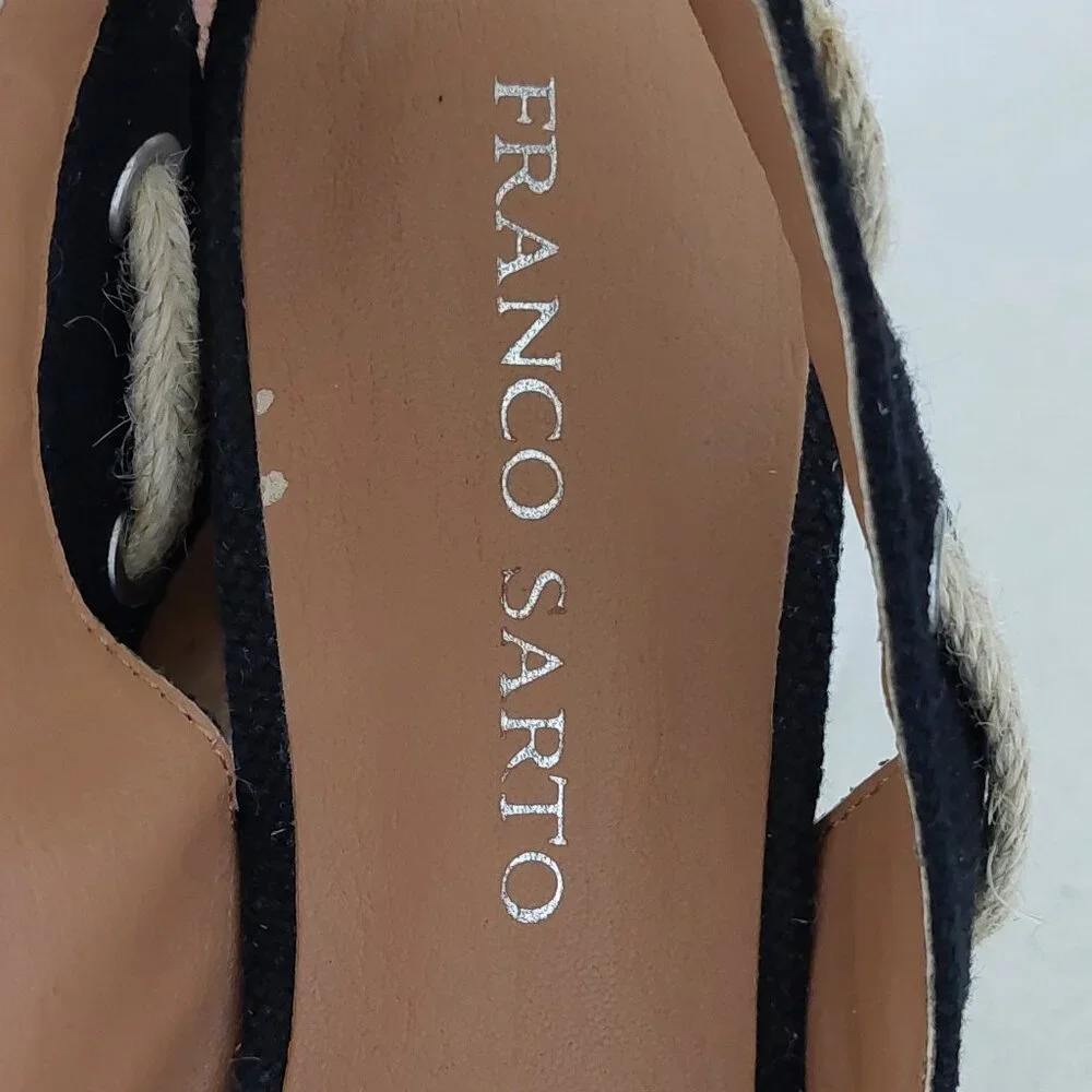 Franco Sarto Black and Cork Rope-Accent Wedge Sandals